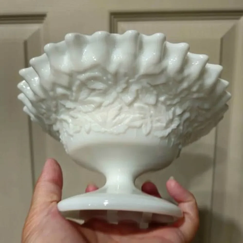 Milk glass ruffled edge grape leaf footed bowl